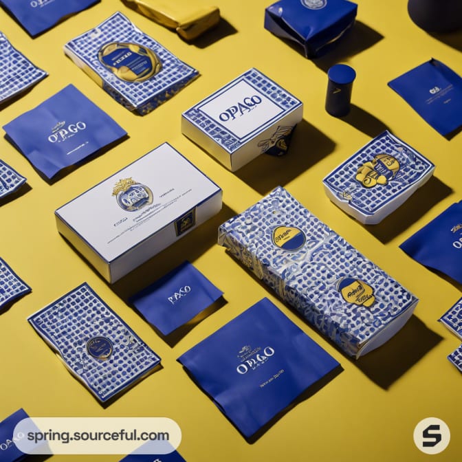 Collection of blue and white patterned packaging items.