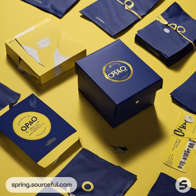 Blue and yellow square box and pouches on display.