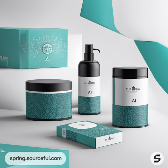 Teal and black skincare packaging with pump bottle and jars on display.