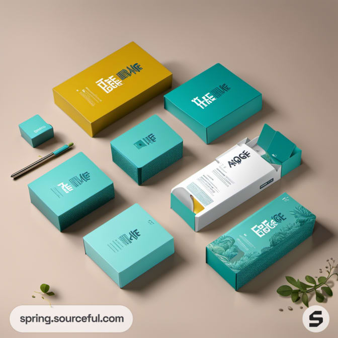 Yellow and teal product boxes with illustrations and text designs.