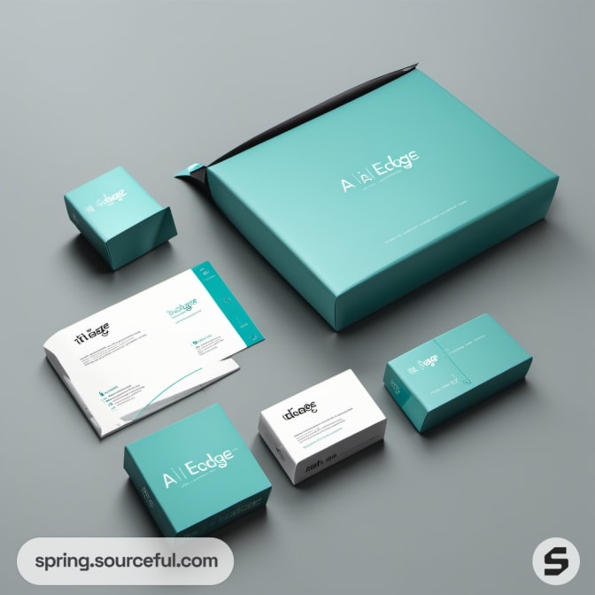 Teal boxes and envelopes with minimalist design and business cards.