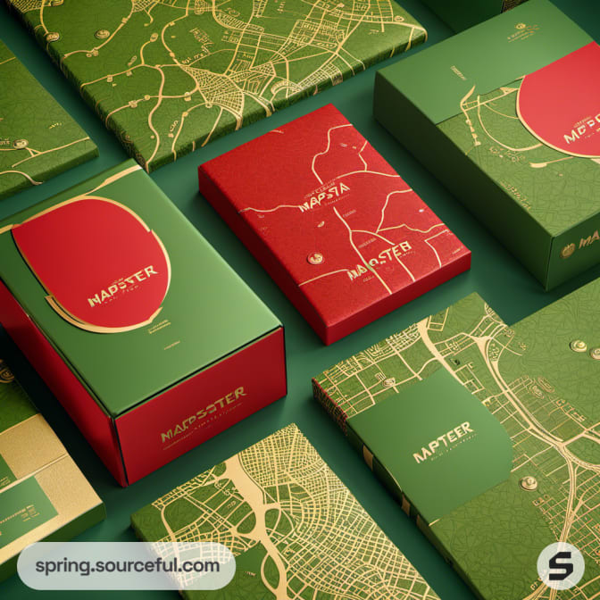 Map-themed red and green boxes with intricate designs and text.