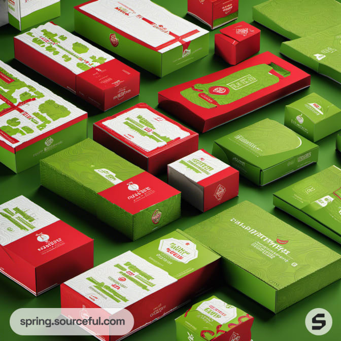 Various red and green rectangular boxes with stylized graphics in a flat lay.