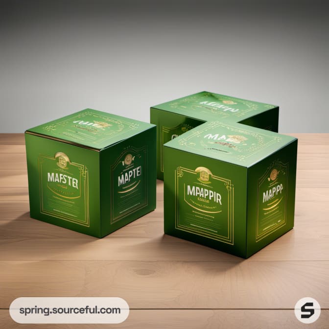 Three identically styled green cube boxes with gold ornate design on a wooden surface.