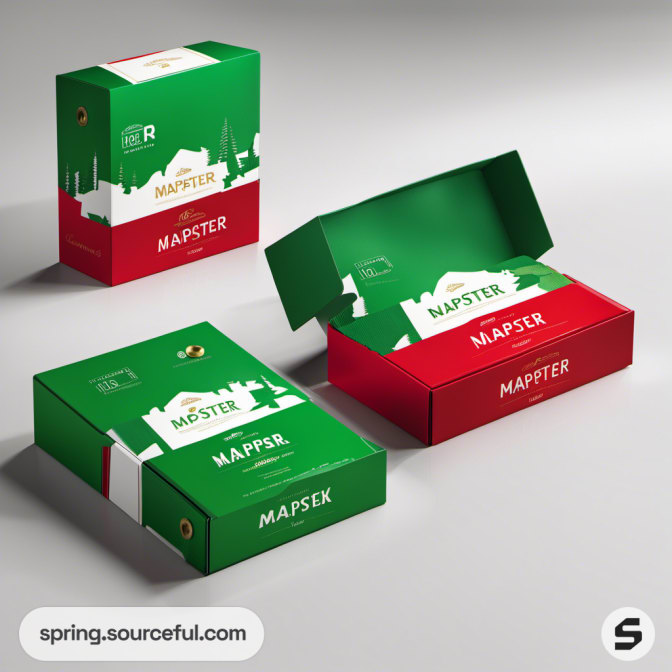 Green and red rectangular boxes with stylized Christmas-themed graphics.