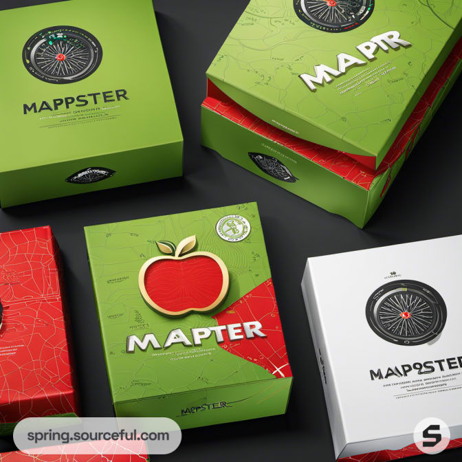 Red, green, and white packaging with apple and radial designs in a flat lay.