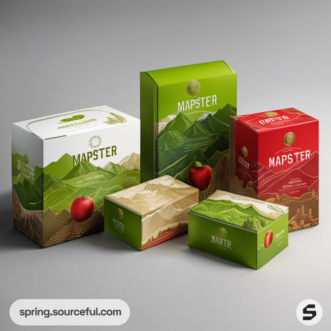 Varied sizes of map-themed packaging with mountain and apple illustrations.