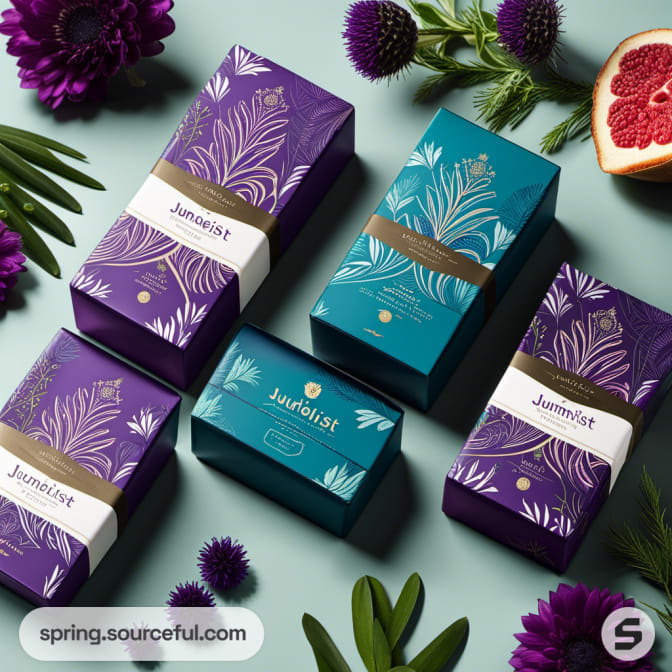 Purple and teal botanical packaging boxes with floral designs on light blue background.