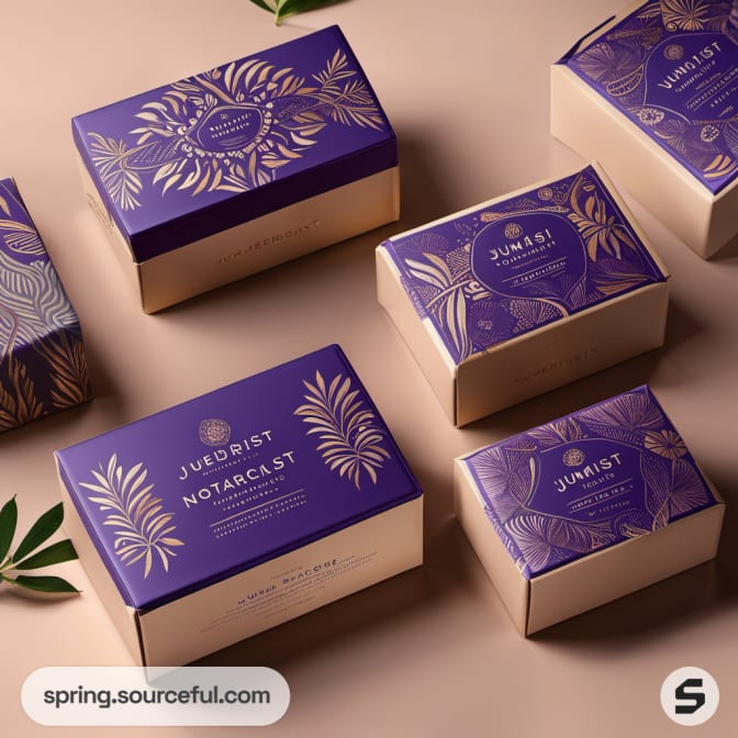 Purple and beige botanical packaging boxes with floral designs on peach background.