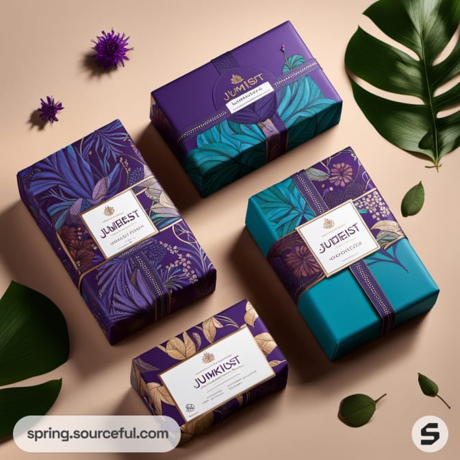 Purple and teal botanical packaging boxes with leaves, surrounded by purple flowers on a light background.