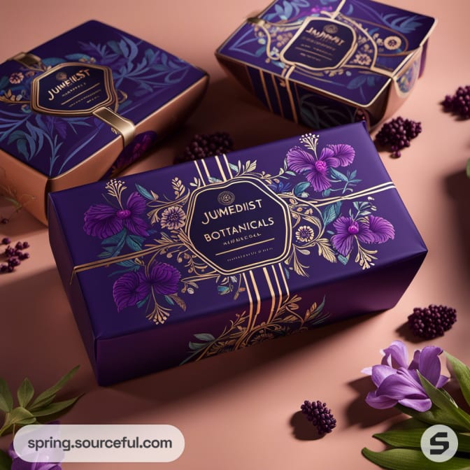 Purple botanical packaging with floral and gold designs on pink background.