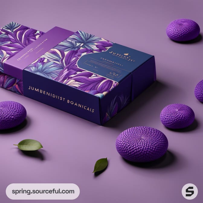 Purple botanical packaging with leaf designs on a purple background.