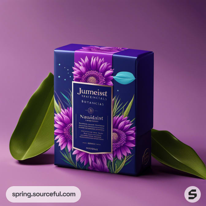 Purple packaging box with floral design and green leaves on purple background.