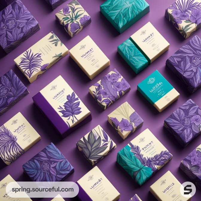 Assorted purple and teal packaging boxes with floral designs on a purple surface.