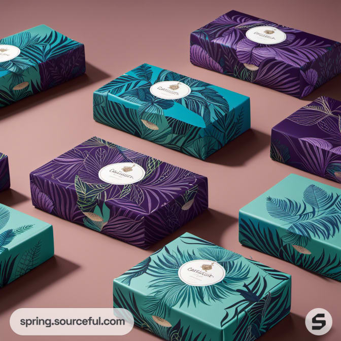 Teal and purple botanical packaging boxes with leaf designs on a beige surface.