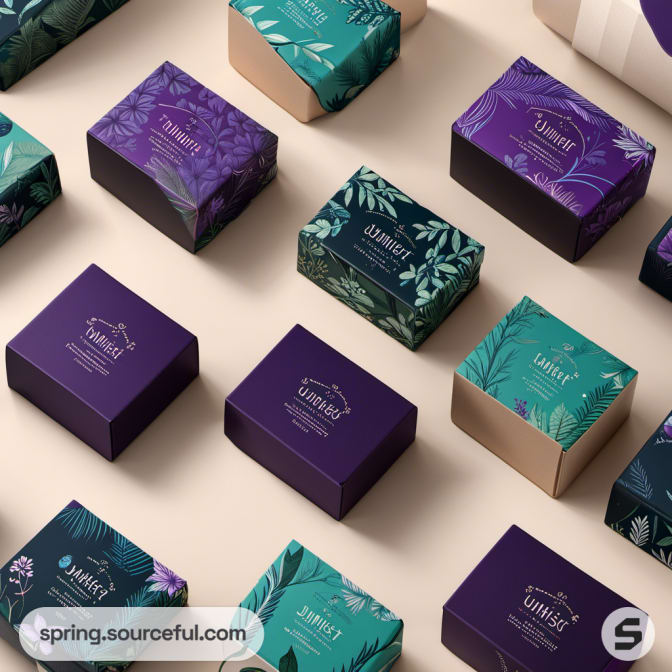 Assorted purple and teal botanical packaging boxes on a beige background.