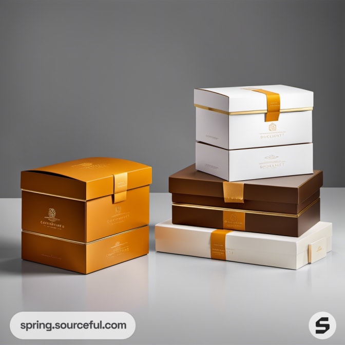 Luxury gift boxes in brown and white with ribbon accents.