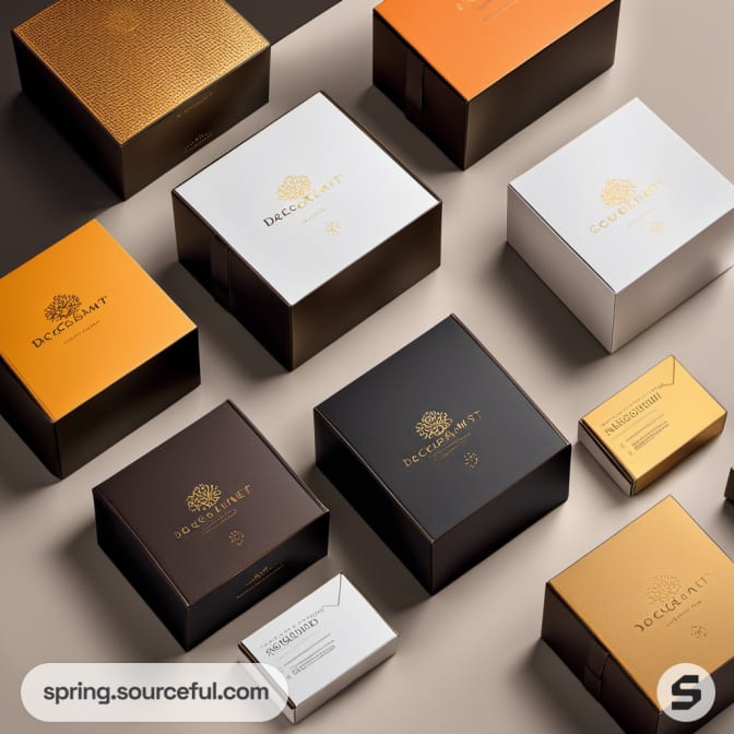 Assorted luxury boxes in gold, brown, and white with elegant designs.