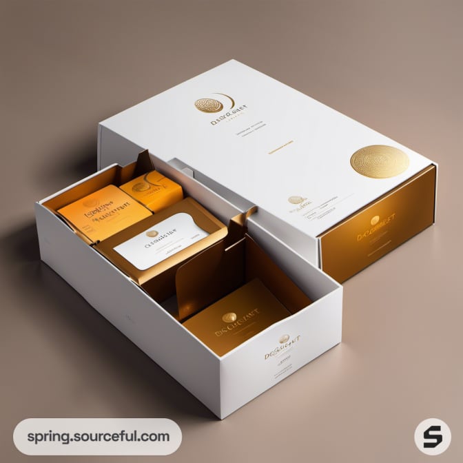 Open drawer-style box with gold and white packaging inside.