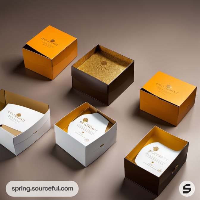 Open square boxes in gold, brown, and white with elegant lids.