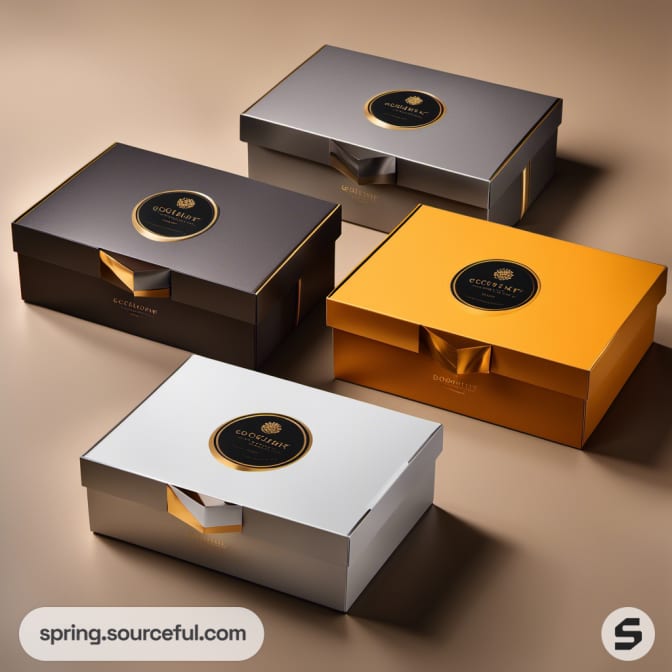 Elegantly designed boxes in shiny gold, silver, and brown.