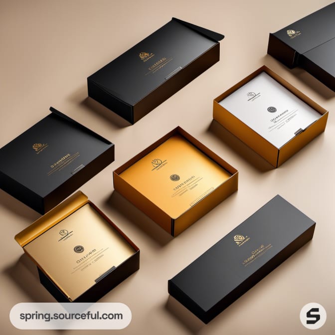 Sleek rectangular boxes in black and gold with premium style.