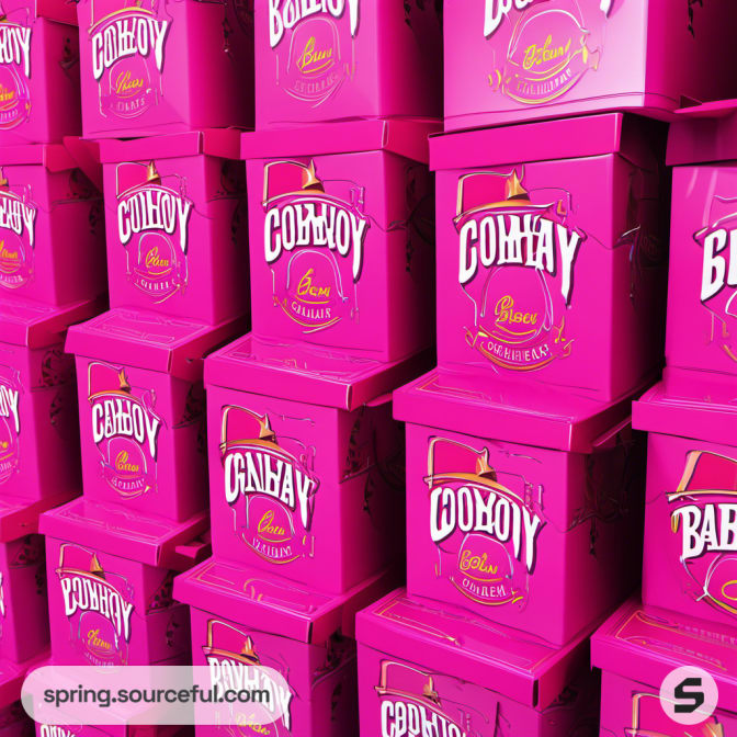 Stacked pink boxes with cowboy hats printed on them.