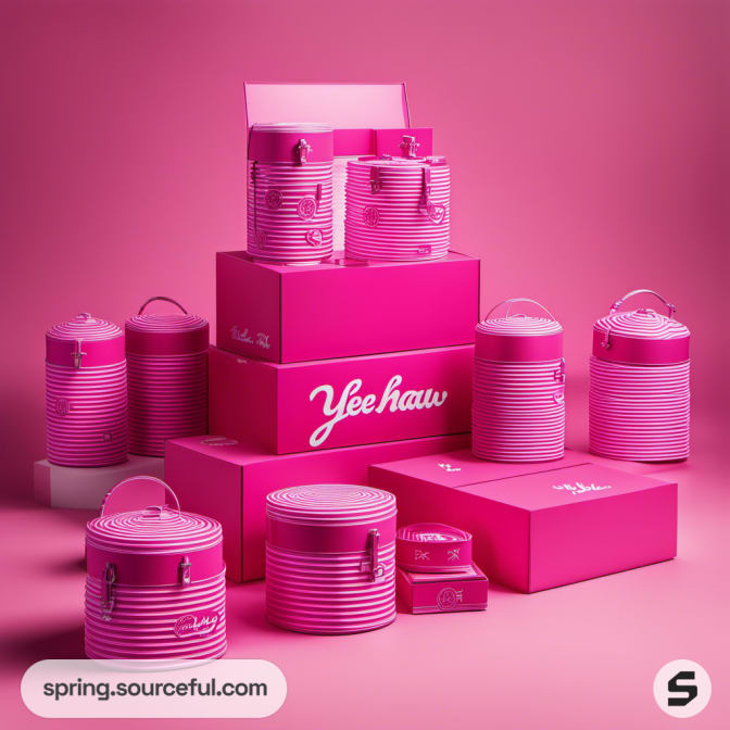 Pink striped containers and boxes on pink background.
