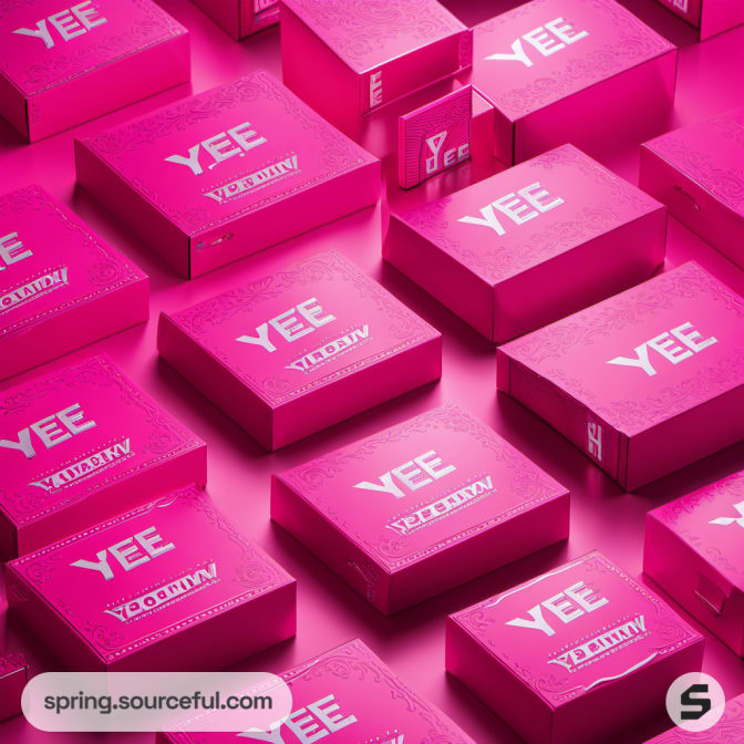 Rectangular pink boxes with 'YEE' text displayed.