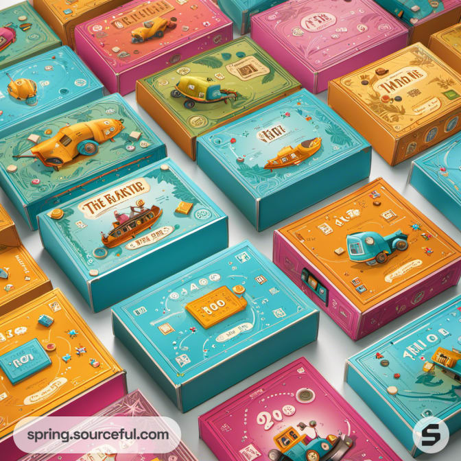 Various board games in colorful boxes with playful designs against a blue backdrop.