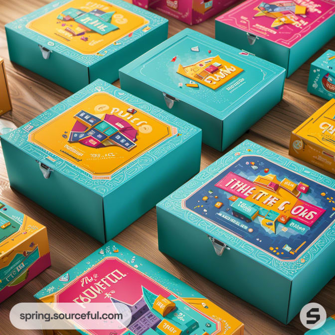 Turquoise and pink board game boxes with playful graphics placed on a wooden surface.