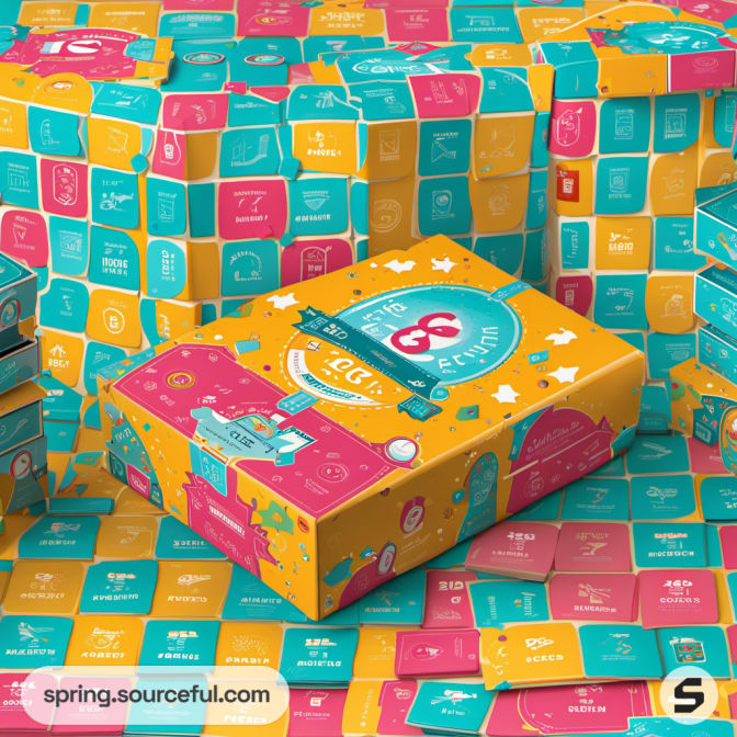 Stacked colorful board game boxes with vibrant illustrations creating a wall effect.