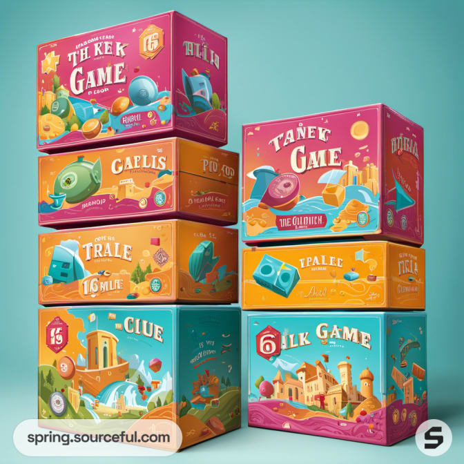 Staggered stack of board game boxes with colorful, whimsical illustrations on each.