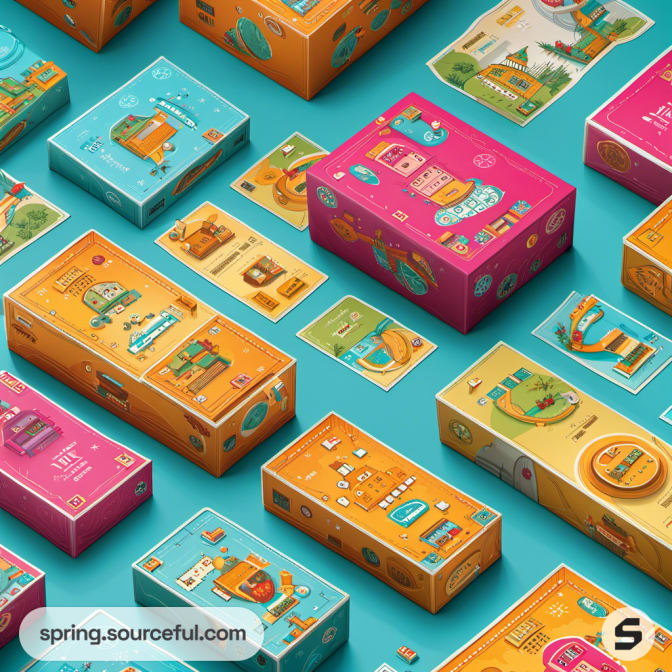 Colorful board game boxes with playful and illustrative designs laid out on a turquoise background.