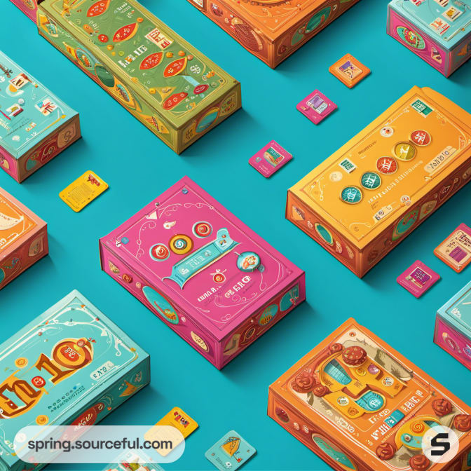 Board game boxes with whimsical and colorful designs scattered on a bright blue surface.