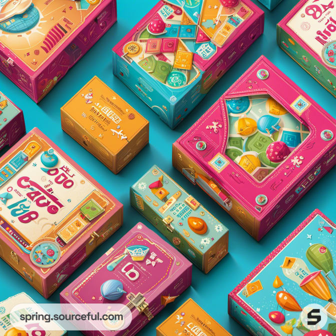 Assorted colorful board game boxes with playful and vibrant designs against a blue background.