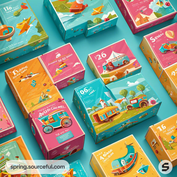 Vibrant board game boxes in colorful designs laid out on a light blue background.