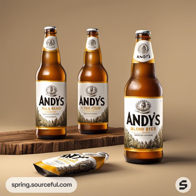 Three bottles of Andy's beer with gold and white labels on a wooden surface.