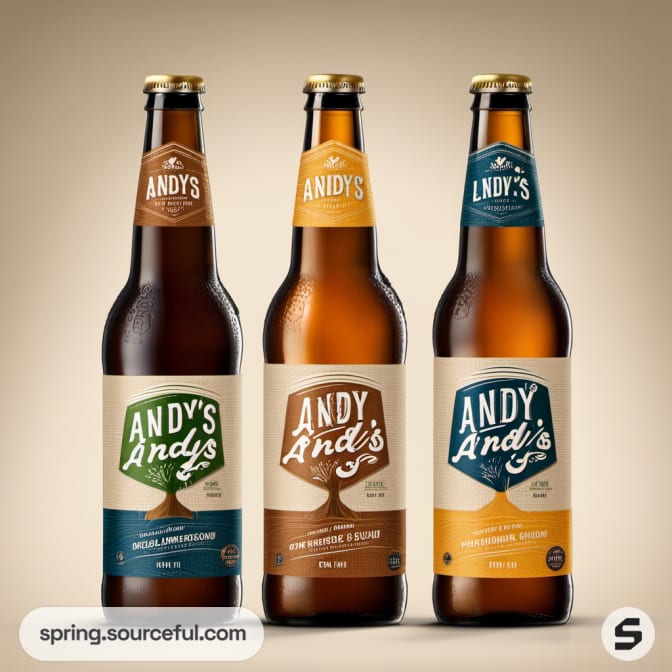 Three Andy's beer bottles with various label designs on a beige background.