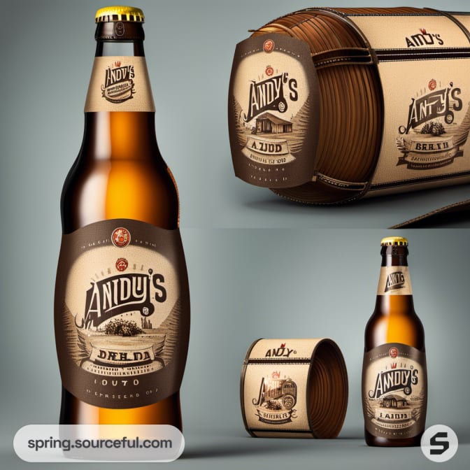 Andy's stout beer bottle with brown label and packaging on a grey surface.