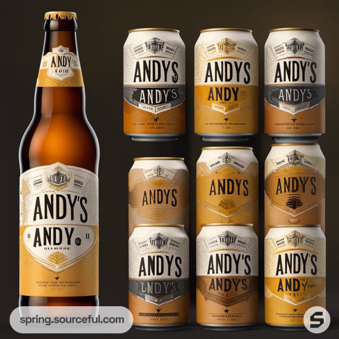 Andy's beer bottle and eight cans with varying black and gold labels.