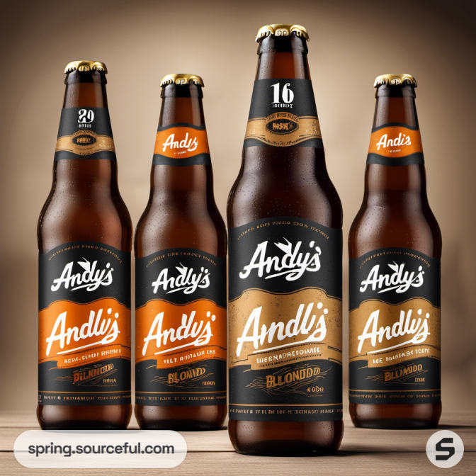 Four bottles of Andy's beer with black, orange, and white labels.