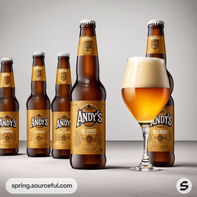 Five Andy's beer bottles and a glass of beer with golden labels.