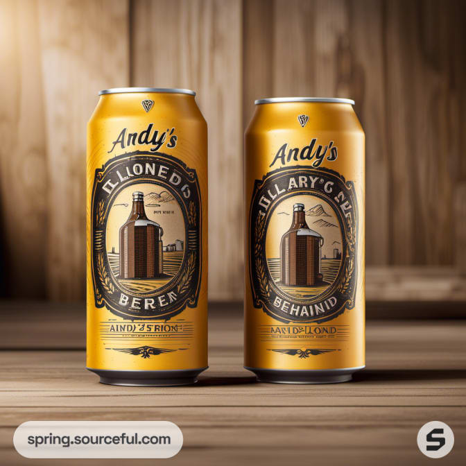 Two Andy's beer cans with intricate brown and gold labels on wood.