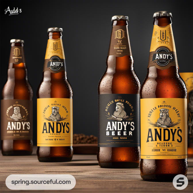 Four bottles of Andy's beer with varied black, gold, and orange labels.