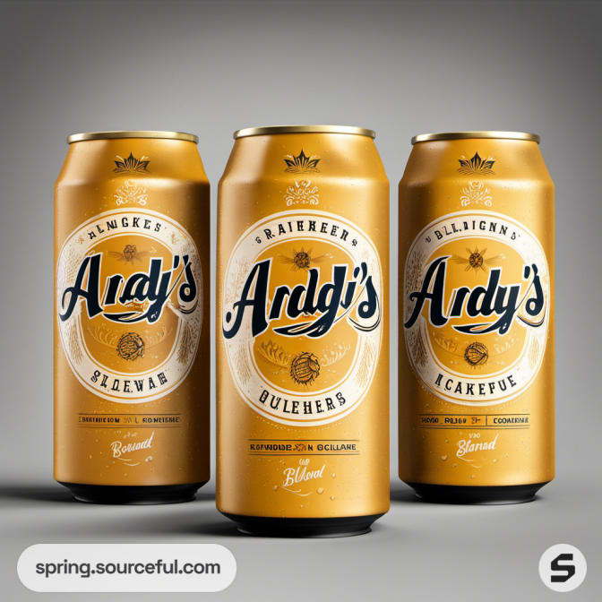 Three Andy's beer cans with gold labels featuring vintage designs.