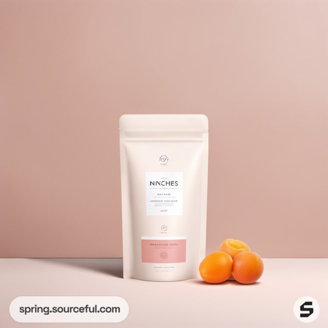 Pink resealable pouch with apricots on side, minimalistic design.