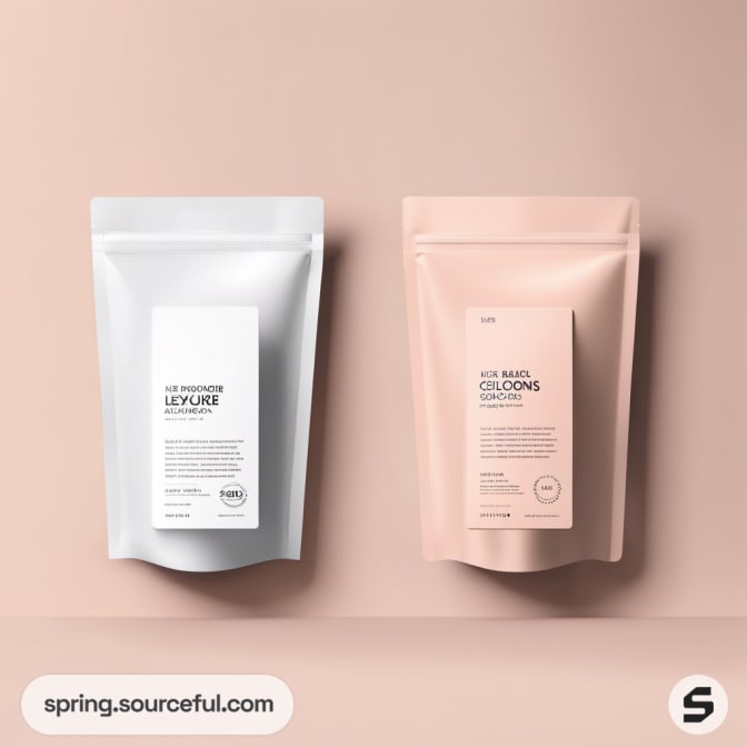 Two resealable pouches, white and peach, minimalist labels.