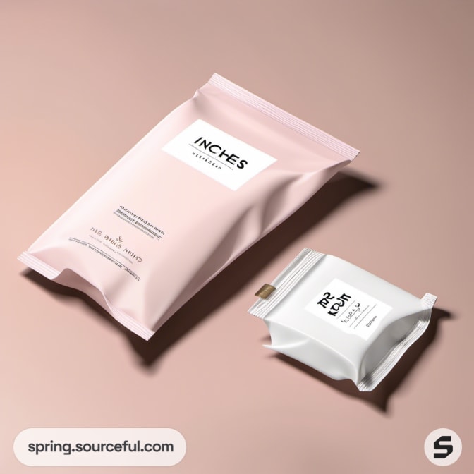 Pink and white resealable pouches with clean design.