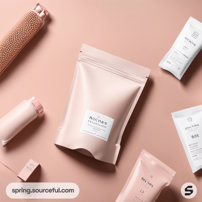 Arrangement of pink-toned packaging products on peach background.